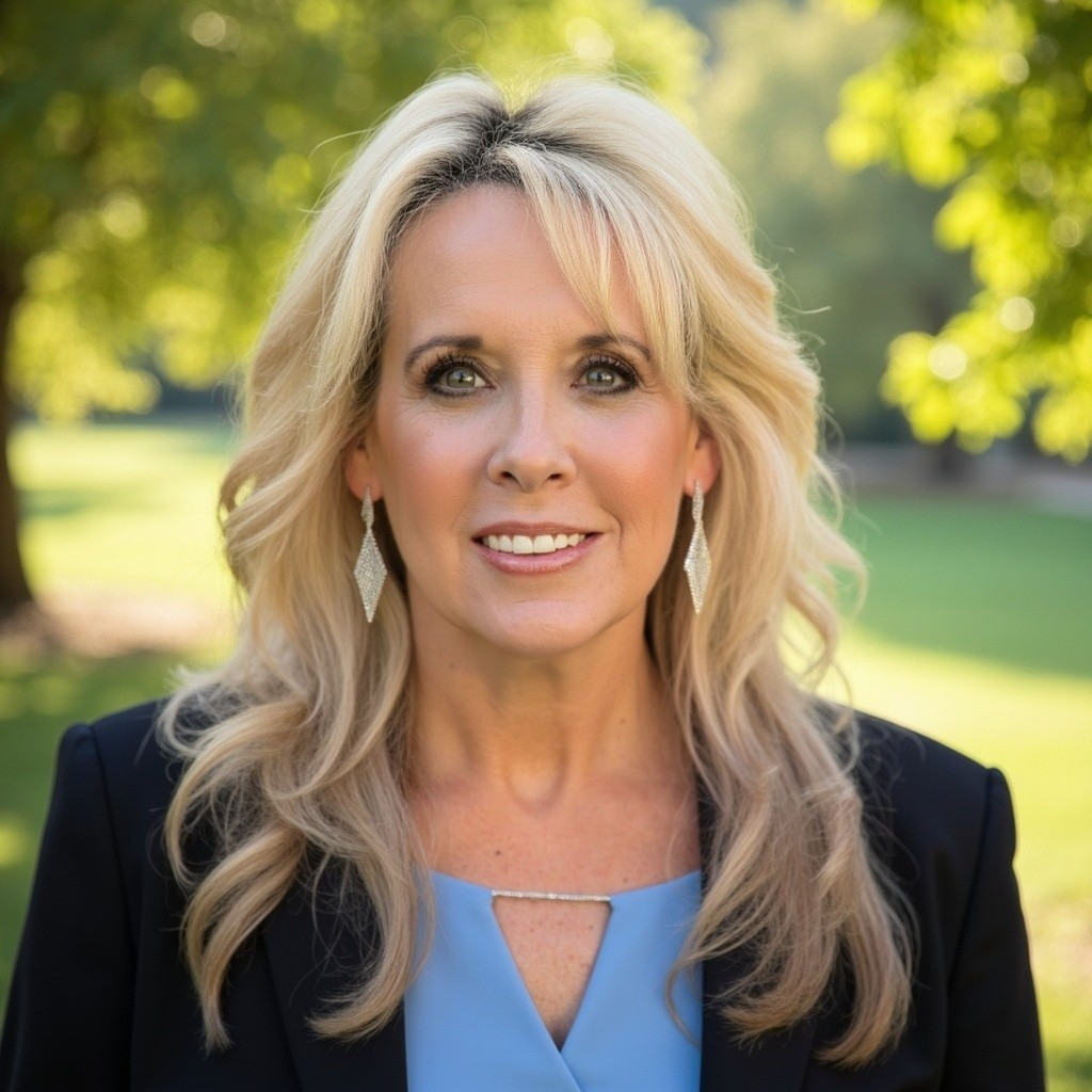 Professional headshot of blonde woman in black blazer and blue top outdoors